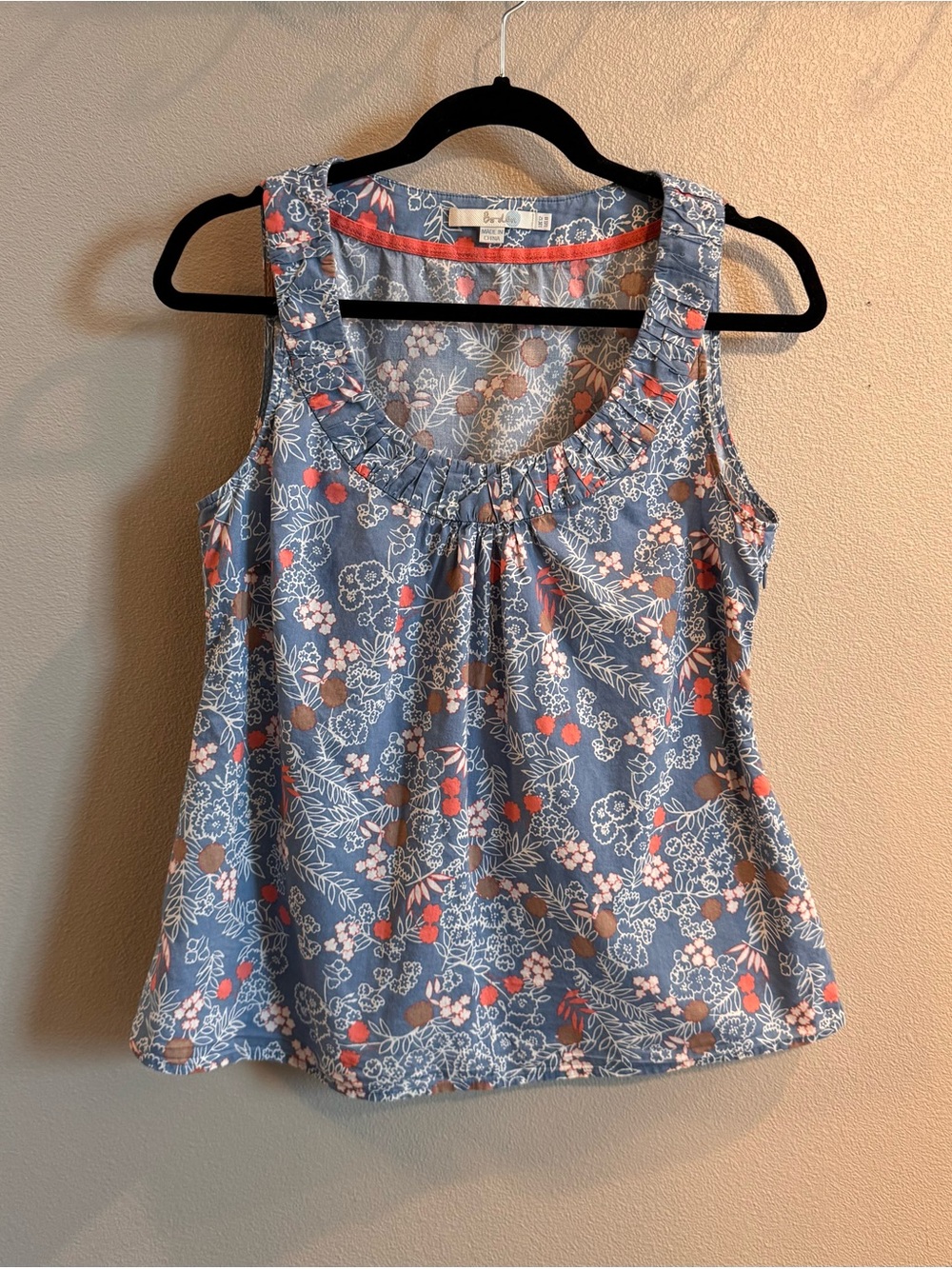 Boden Blue Floral Ruffle-Neck Tank with Coral Accents
